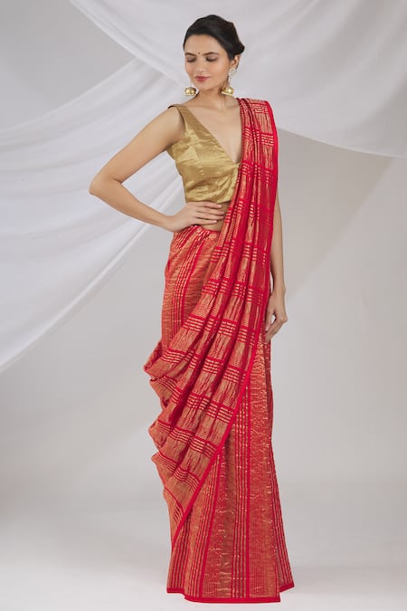 Pranay Baidya_Red Chanderi Striped Saree _Online_at_Aza_Fashions