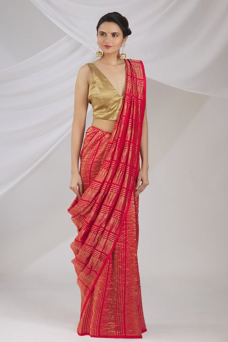 Buy_Pranay Baidya_Red Chanderi Striped Saree _Online_at_Aza_Fashions