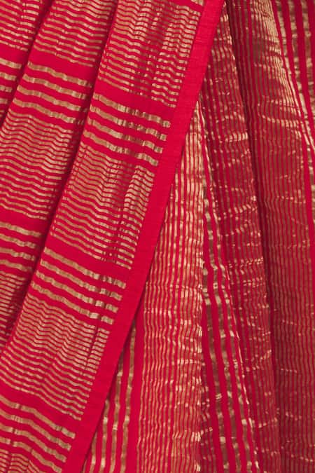 Shop_Pranay Baidya_Red Chanderi Striped Saree _Online_at_Aza_Fashions
