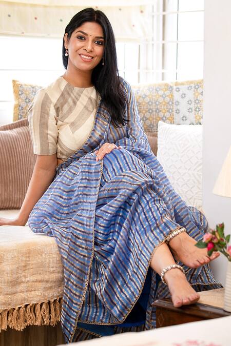 Pranay Baidya Blue Cotton Chanderi Striped Saree Online at Aza Fashions Pranay Baidya_Blue Cotton Chanderi Striped Saree _Online_at_Aza_Fashions