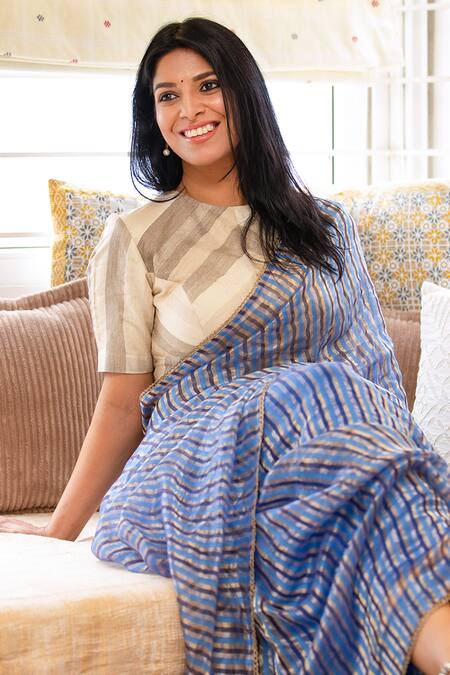 Buy Pranay Baidya Blue Cotton Chanderi Striped Saree Online at Aza Fashions Buy_Pranay Baidya_Blue Cotton Chanderi Striped Saree _Online_at_Aza_Fashions