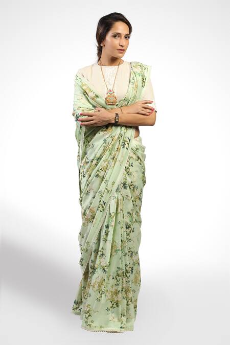 Pranay Baidya_Green Floral Print Chanderi Saree_Online_at_Aza_Fashions