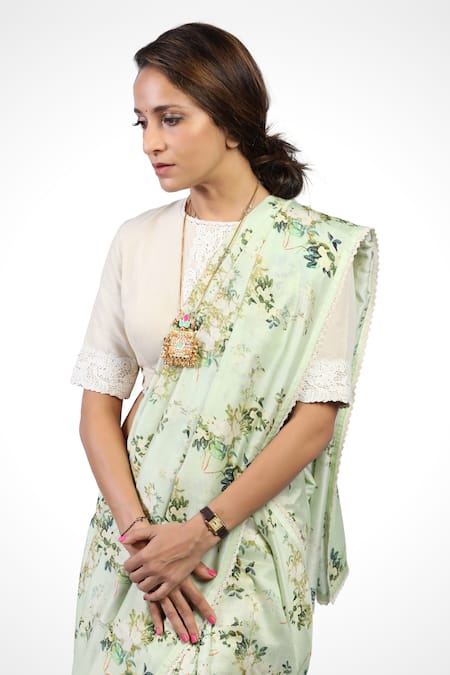 Pranay Baidya Green Floral Print Chanderi Saree