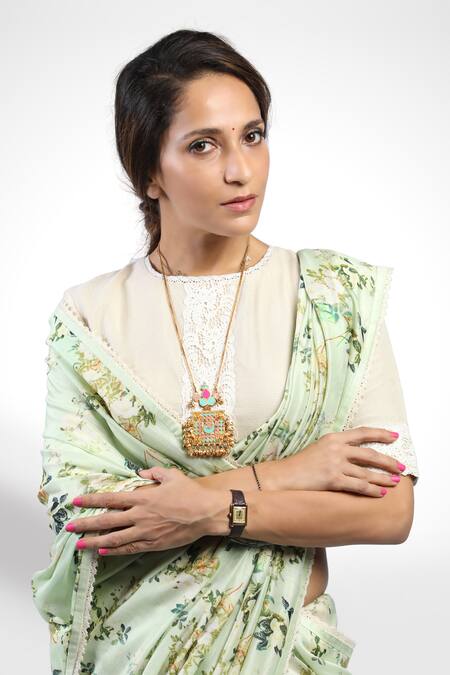 Buy_Pranay Baidya_Green Floral Print Chanderi Saree_Online_at_Aza_Fashions