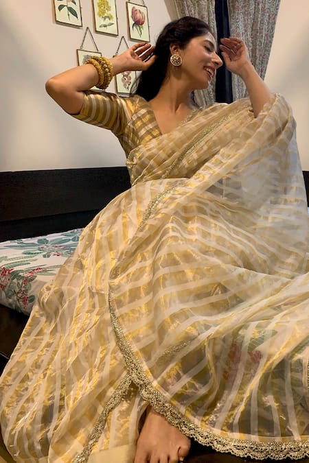Pranay Baidya Gold Chanderi Striped Saree 