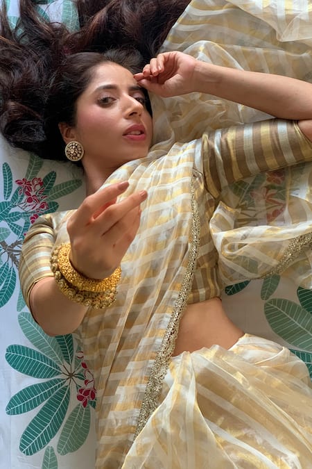 Buy Pranay Baidya Gold Chanderi Striped Saree Online at Aza Fashions Buy_Pranay Baidya_Gold Chanderi Striped Saree _Online_at_Aza_Fashions