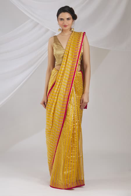 Pranay Baidya_Yellow Chanderi Striped Saree _Online_at_Aza_Fashions