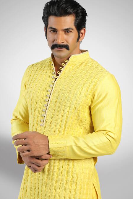 Shop_Pranay Baidya_Yellow Chanderi Textured Kurta _at_Aza_Fashions