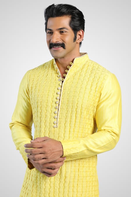 Pranay Baidya_Yellow Chanderi Textured Kurta _Online_at_Aza_Fashions