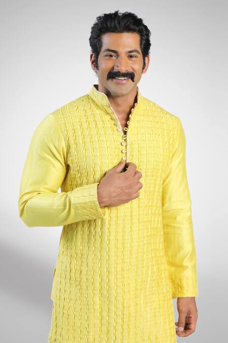 Buy_Pranay Baidya_Yellow Chanderi Textured Kurta _Online_at_Aza_Fashions