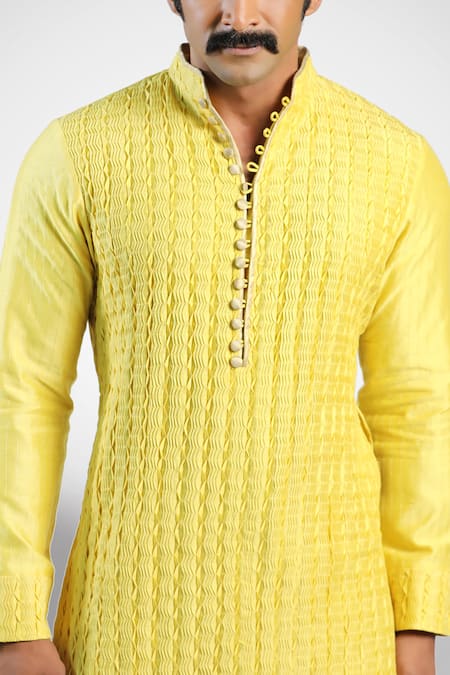 Shop_Pranay Baidya_Yellow Chanderi Textured Kurta _Online_at_Aza_Fashions