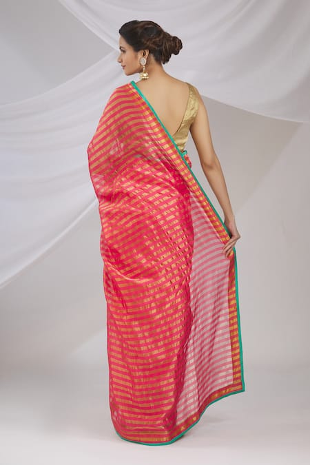Shop Pranay Baidya Pink Chanderi Striped Saree at Aza Fashions Shop_Pranay Baidya_Pink Chanderi Striped Saree _at_Aza_Fashions