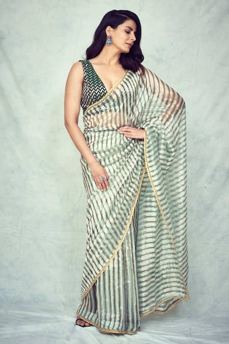 Shop_Pranay Baidya_Green Chanderi Striped Saree _at_Aza_Fashions