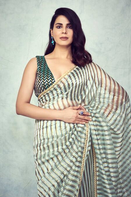 Buy_Pranay Baidya_Green Chanderi Striped Saree _Online_at_Aza_Fashions