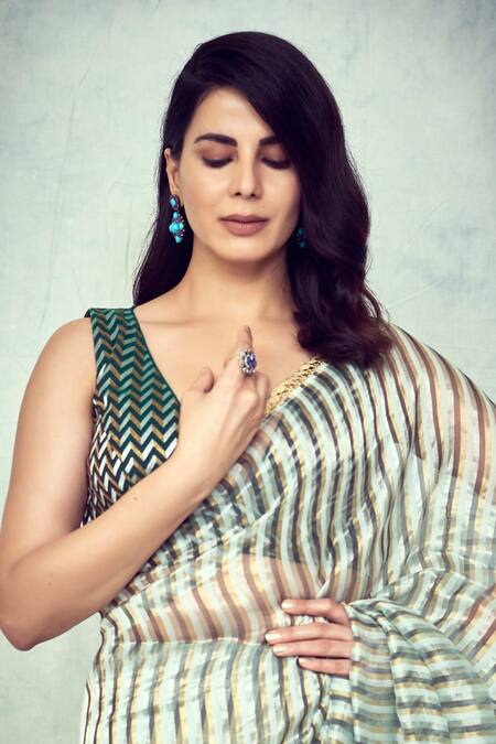 Shop_Pranay Baidya_Green Chanderi Striped Saree _Online_at_Aza_Fashions