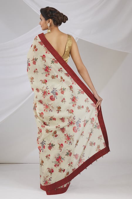 Shop_Pranay Baidya_White Chanderi Cotton Floral Print Saree  _at_Aza_Fashions