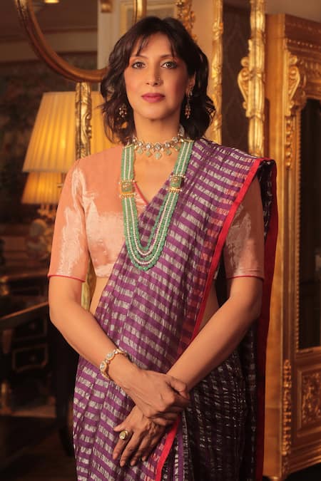 Pranay Baidya Purple Chanderi Striped Saree Online at Aza Fashions Pranay Baidya_Purple Chanderi Striped Saree _Online_at_Aza_Fashions