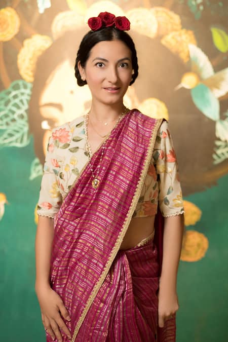 Shop Pranay Baidya Pink Chanderi Striped Saree at Aza Fashions Shop_Pranay Baidya_Pink Chanderi Striped Saree _at_Aza_Fashions
