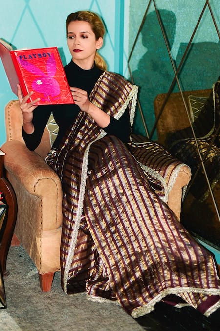 Shop Pranay Baidya Maroon Chanderi Striped Saree at Aza Fashions Shop_Pranay Baidya_Maroon Chanderi Striped Saree _at_Aza_Fashions