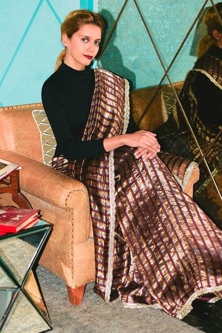 Pranay Baidya Maroon Chanderi Striped Saree Online at Aza Fashions Pranay Baidya_Maroon Chanderi Striped Saree _Online_at_Aza_Fashions