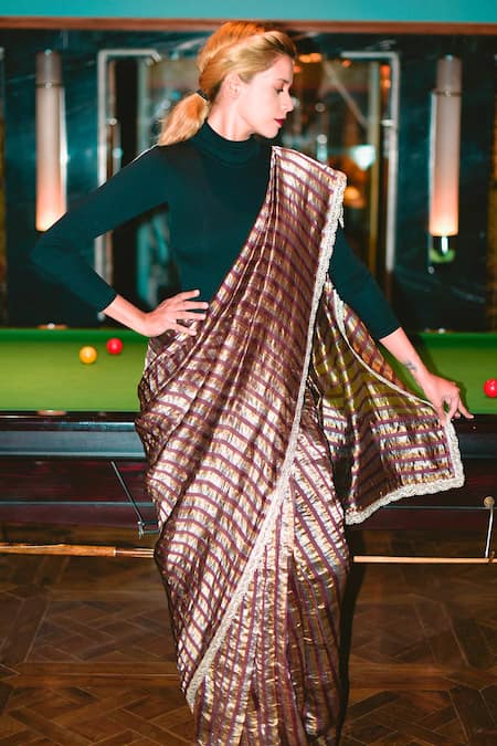 Shop Pranay Baidya Maroon Chanderi Striped Saree Online at Aza Fashions Shop_Pranay Baidya_Maroon Chanderi Striped Saree _Online_at_Aza_Fashions