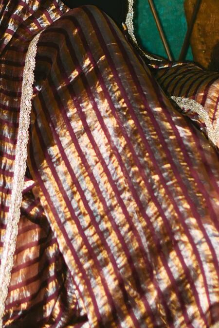 Pranay Baidya Maroon Chanderi Striped Saree at Aza Fashions Pranay Baidya_Maroon Chanderi Striped Saree _at_Aza_Fashions