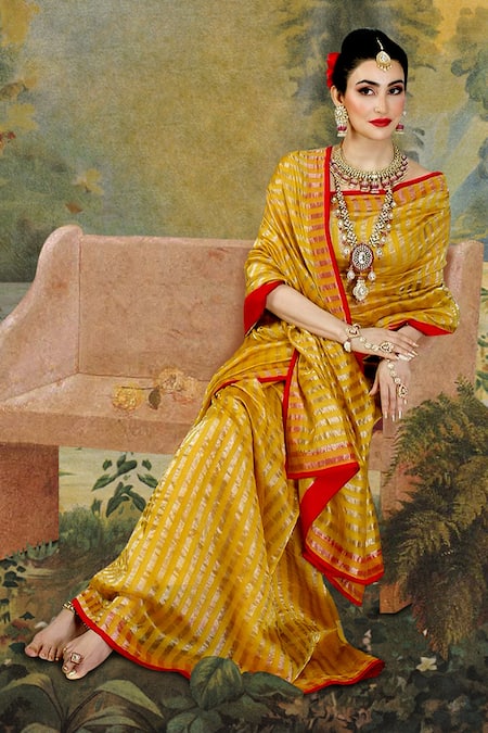 Shop Pranay Baidya Yellow Silk, Chanderi Striped Saree at Aza Fashions Shop_Pranay Baidya_Yellow Silk, Chanderi Striped Saree _at_Aza_Fashions