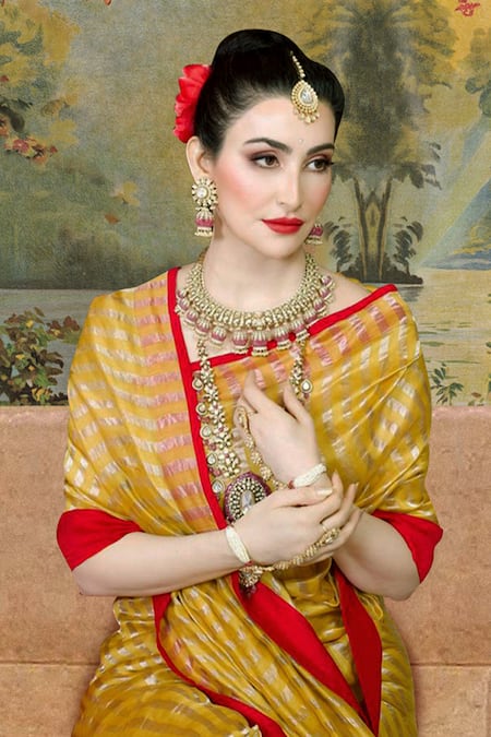 Buy Pranay Baidya Yellow Silk, Chanderi Striped Saree Online at Aza Fashions Buy_Pranay Baidya_Yellow Silk, Chanderi Striped Saree _Online_at_Aza_Fashions