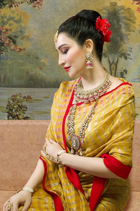 Shop Pranay Baidya Yellow Silk, Chanderi Striped Saree Online at Aza Fashions Shop_Pranay Baidya_Yellow Silk, Chanderi Striped Saree _Online_at_Aza_Fashions