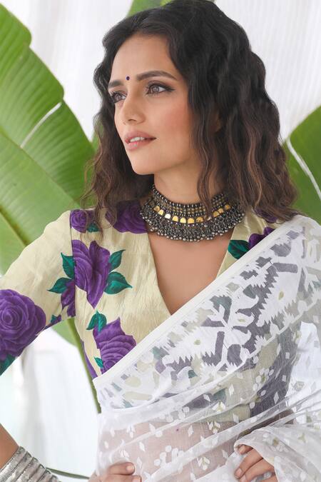 Buy_Pranay Baidya_White Cotton Jamdani Saree  _Online_at_Aza_Fashions