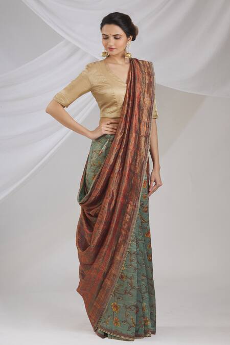 Buy_Pranay Baidya_Gold Tissue Silk V Neck Blouse _Online_at_Aza_Fashions