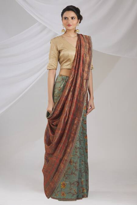 Pranay Baidya_Gold Tissue Silk V Neck Blouse _Online_at_Aza_Fashions