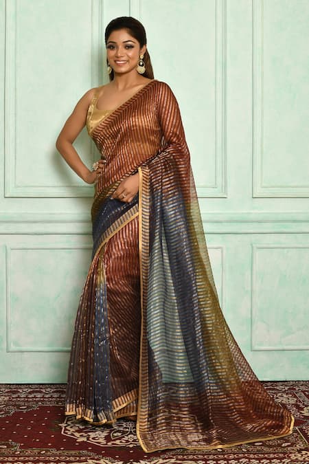 Pranay Baidya Blue Chanderi Woven Stripe Pattern Saree  