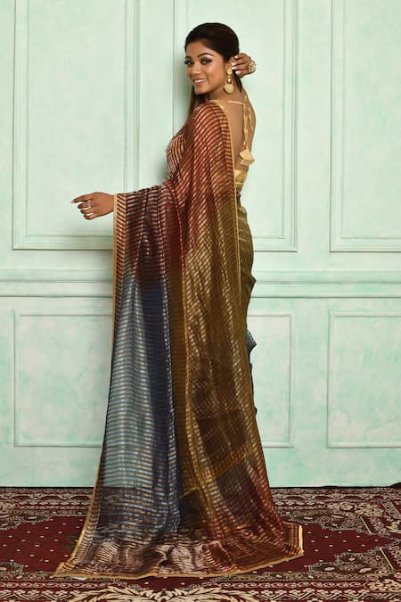 Shop_Pranay Baidya_Blue Chanderi Stripe Pattern Saree _at_Aza_Fashions