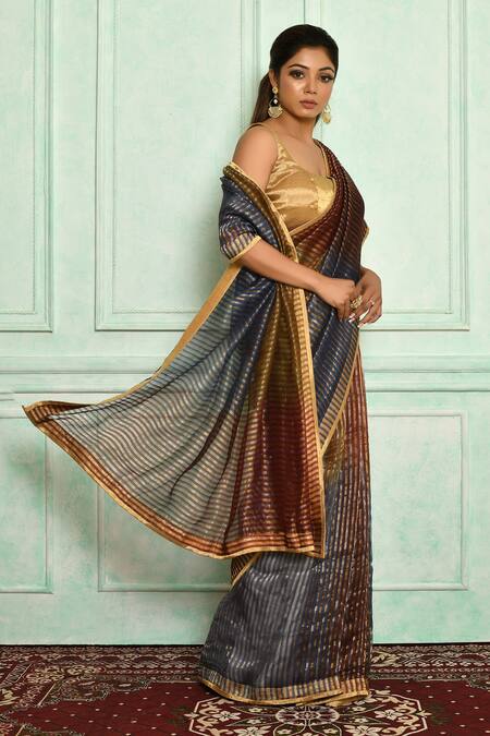 Pranay Baidya_Blue Chanderi Stripe Pattern Saree _Online_at_Aza_Fashions