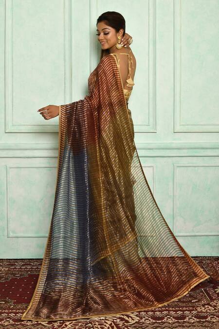 Buy_Pranay Baidya_Blue Chanderi Stripe Pattern Saree _Online_at_Aza_Fashions