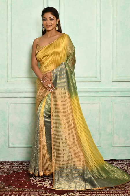 Pranay Baidya Blue Chanderi Lace Border Stripe Pattern Saree 