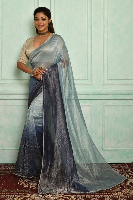 Pranay Baidya Blue Chanderi Lace Border Stripe Pattern Saree 