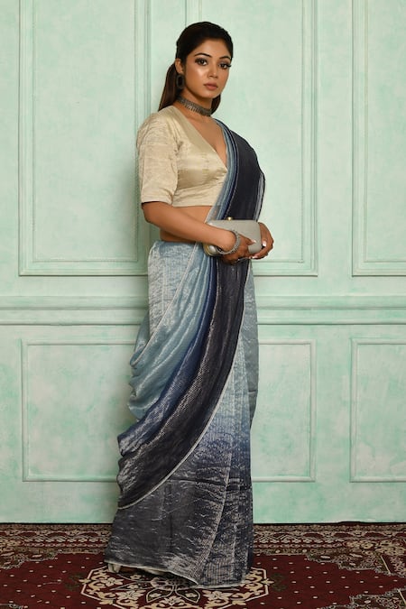 Pranay Baidya_Blue Chanderi Lace Border Stripe Pattern Saree _Online_at_Aza_Fashions