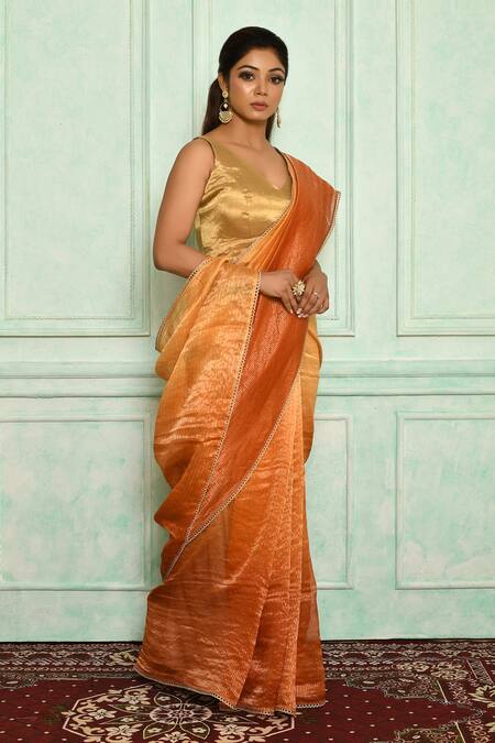 Pranay Baidya_Yellow Chanderi Lace Border Stripe Pattern Saree _Online_at_Aza_Fashions