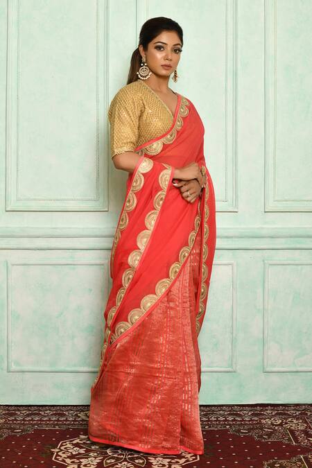 Pranay Baidya_Coral Chanderi, Pallu Organza Lace Border Stripe Pattern Saree _Online_at_Aza_Fashions