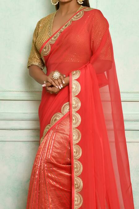 Buy_Pranay Baidya_Coral Chanderi, Pallu Organza Lace Border Stripe Pattern Saree _Online_at_Aza_Fashions