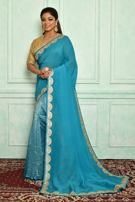 Pranay Baidya Blue Chanderi, Pallu Organza Lace Border Stripe Pattern Saree 