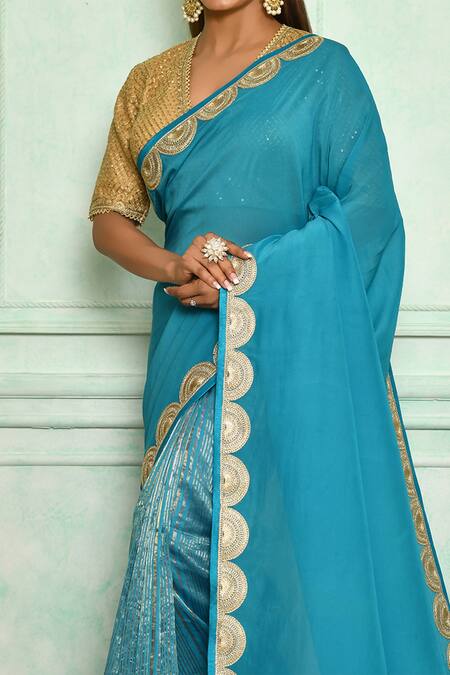 Buy_Pranay Baidya_Blue Chanderi, Pallu Organza Lace Border Stripe Pattern Saree _Online_at_Aza_Fashions