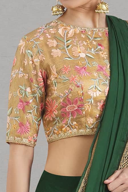 Pranay Baidya_Gold Chanderi Floral Embroidered Saree Blouse_Online_at_Aza_Fashions
