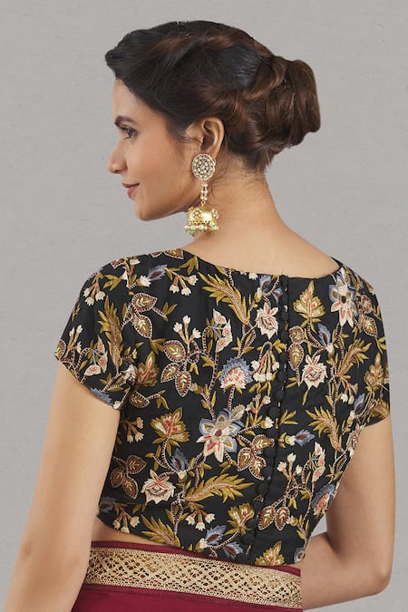 Shop Pranay Baidya Black Organza Round Embroidered Blouse at Aza Fashions Shop_Pranay Baidya_Black Organza Round Embroidered Blouse _at_Aza_Fashions