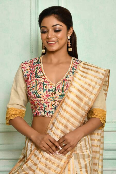Pranay Baidya White , Lining Silk Thread Work Plunge Phulkari Embroidered Blouse Online at Aza Fashions Pranay Baidya_White , Lining Silk Thread Work Plunge Phulkari Embroidered Blouse _Online_at_Aza_Fashions