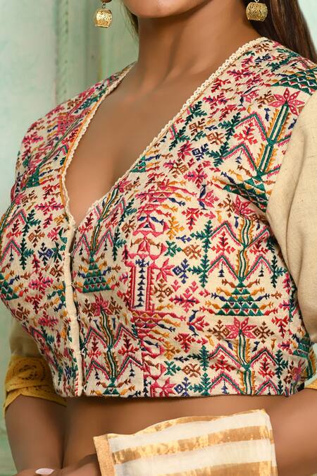 Shop Pranay Baidya White , Lining Silk Thread Work Plunge Phulkari Embroidered Blouse Online at Aza Fashions Shop_Pranay Baidya_White , Lining Silk Thread Work Plunge Phulkari Embroidered Blouse _Online_at_Aza_Fashions