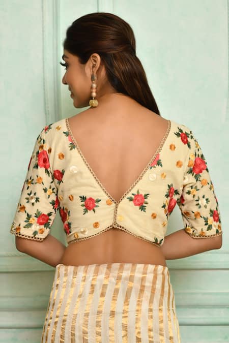 Shop Pranay Baidya Ivory , Lining Silk Thread Work V Neck Rose Embroidered Blouse at Aza Fashions Shop_Pranay Baidya_Ivory , Lining Silk Thread Work V Neck Rose Embroidered Blouse _at_Aza_Fashions
