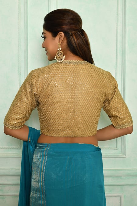 Shop Pranay Baidya Gold Net Sequin Work Plunge V Neck Blouse at Aza Fashions Shop_Pranay Baidya_Gold Net Sequin Work Plunge V Neck Blouse _at_Aza_Fashions